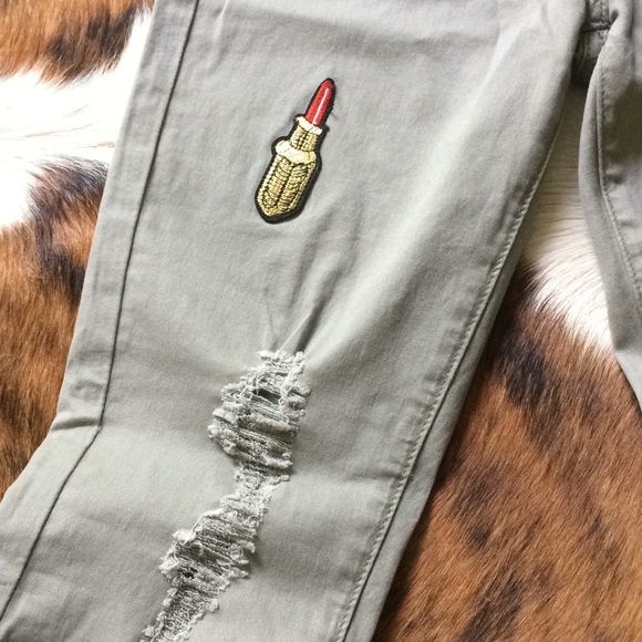 πHPπ Khaki Green Cotton Jeans with Cute Patches - Picture 4 of 8